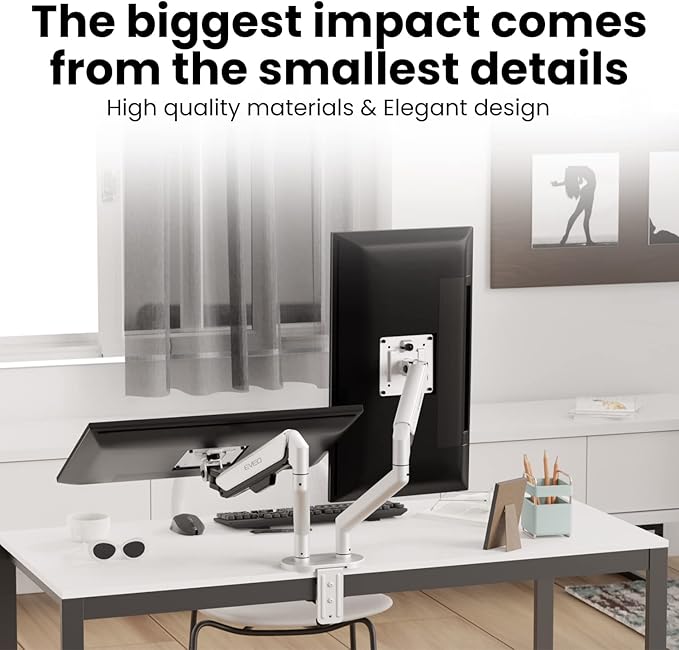 EVEO Premium Dual Monitor Mount 14"-35” Dual Monitor Arm VESA Bracket Adjustable Height Gas Spring Dual Monitor Stand, Screen Full Motion Dual Monitor Arm-Computer Monitor Stand for 2 Screens - White-DeskLoop Office