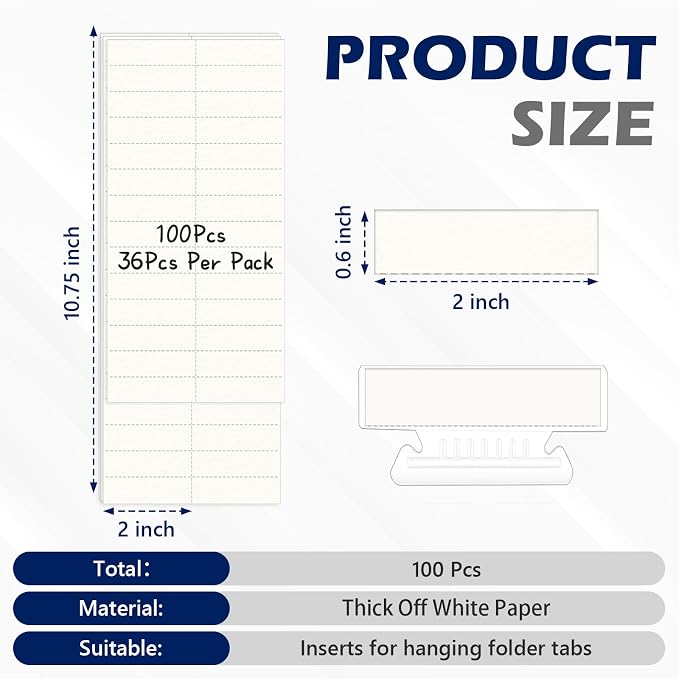 100 Pack Hanging File Folder Paper Inserts 2 Inch Off White Blank Cardstock - Image 2
