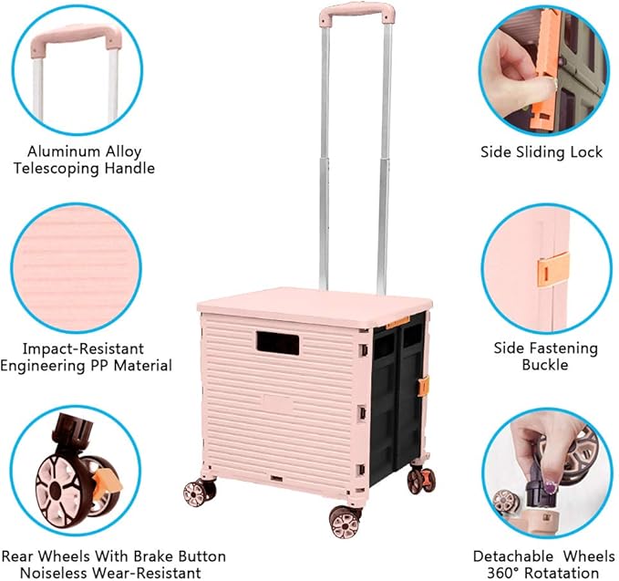 FELICON SELORSS Foldable Utility Cart Folding Portable Rolling Crate-Pink | - Image 2