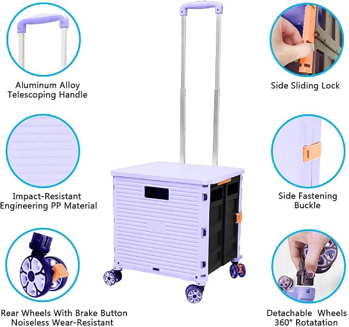 FELICON SELORSS Foldable Utility Cart Folding Portable Rolling Crate-Purple | - Image 2