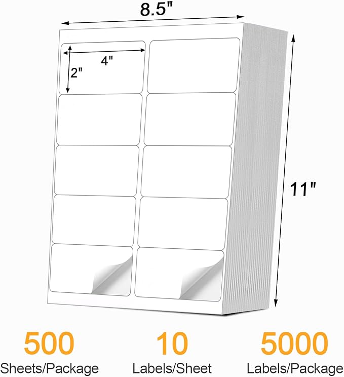 10-UP 2''x4'' Shipping Labels for Laser & Inkjet Printers, 8.5"×11" White 500 - Image 2