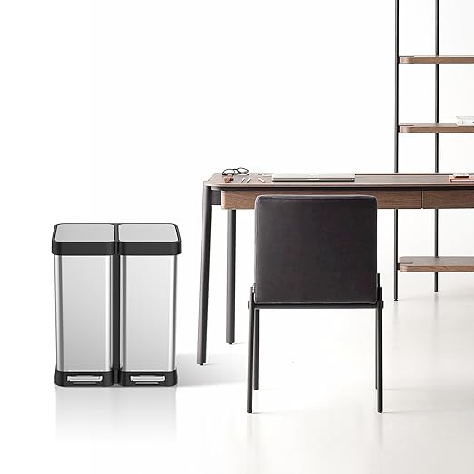 16 Gallon Dual Compartment Trash & Recycling Bin - Soft Close Lid Kitchen Garbage Can, Stainless Steel Step Pedal, Space Saving Design for Home/Office (60L 2x30L, No Inner Bucket)-DeskLoop Office