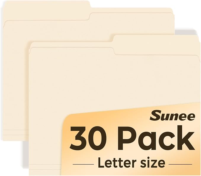 SUNEE File Folders, 30 Pack Manilla Folders 8.5 x 11, 1/2 Cut Tab by SUNEE