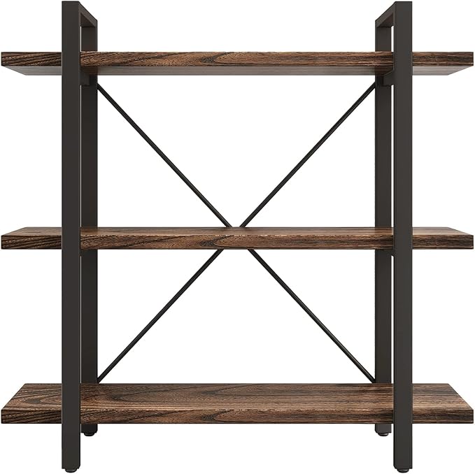 3 Tier Bookshelf Modern Rustic Open Bookshelf Office Solid Wood Bookcase and Book Shelves Wood and Metal Shelving Unit,Distressed Brown (AY-02-3Tier)-DeskLoop Office