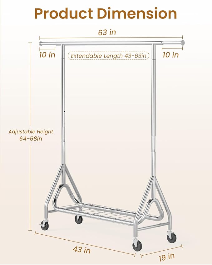Heavy Duty Clothing Rack, Metal Clothes Rack Load 450 LBS, Rolling Coat Racks for Hanging Clothes with Lockable Wheels, Wardrobe Closet Garment Racks for Bedroom, Silver-DeskLoop Office