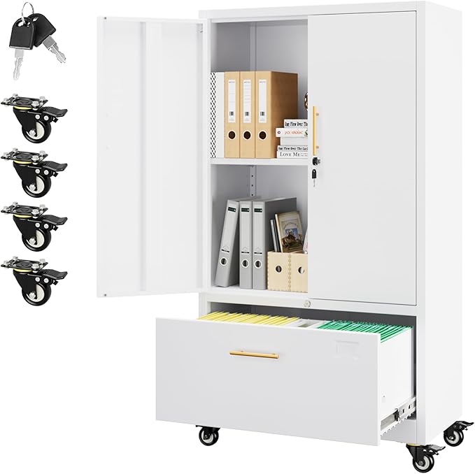 Aobabo Metal 1 Drawer Office File Cabinet with Lock and 2 Doors, Office Steel Files Cabinet with Wheels, Legal/Letter A4 Size, Assembly Required, White-DeskLoop Office