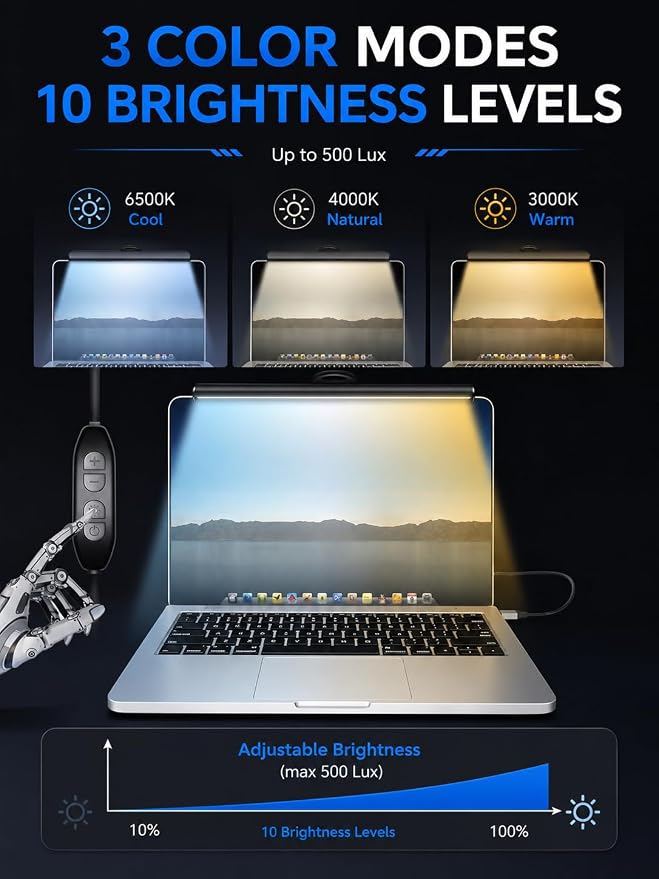 Laptop Monitor Light Bar, USB e-Reading LED Task Lamp, 3 Adjustable Color - Image 6