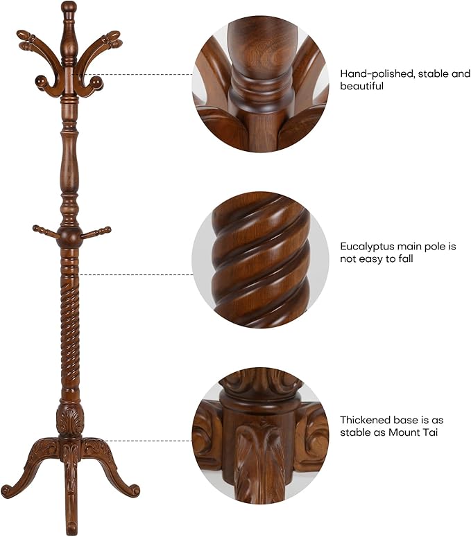 Coat Rack Freestanding Tree Stand with 8 Hooks, 79'' Heavy Duty Premium Ash Wood Hanger Stand, Floor Standing Clothes Hat for Entryway, Corner,Hallway,Bedroom, Office,Brown-Style 2-DeskLoop Office