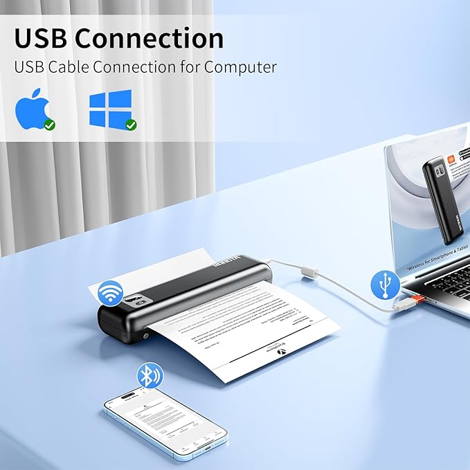 Rongta Portable Printers Wireless for Travel, 300DPI WiFi & Bluetooth Mobile Thermal Inkless Printer for School/Office/Home Use, Compatible with Android,iOS & Laptop,Black (F82)-DeskLoop Office