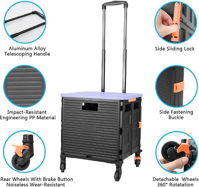 FELICON SELORSS Foldable Utility Cart Folding Portable Rolling Crate-Purple | - Image 2