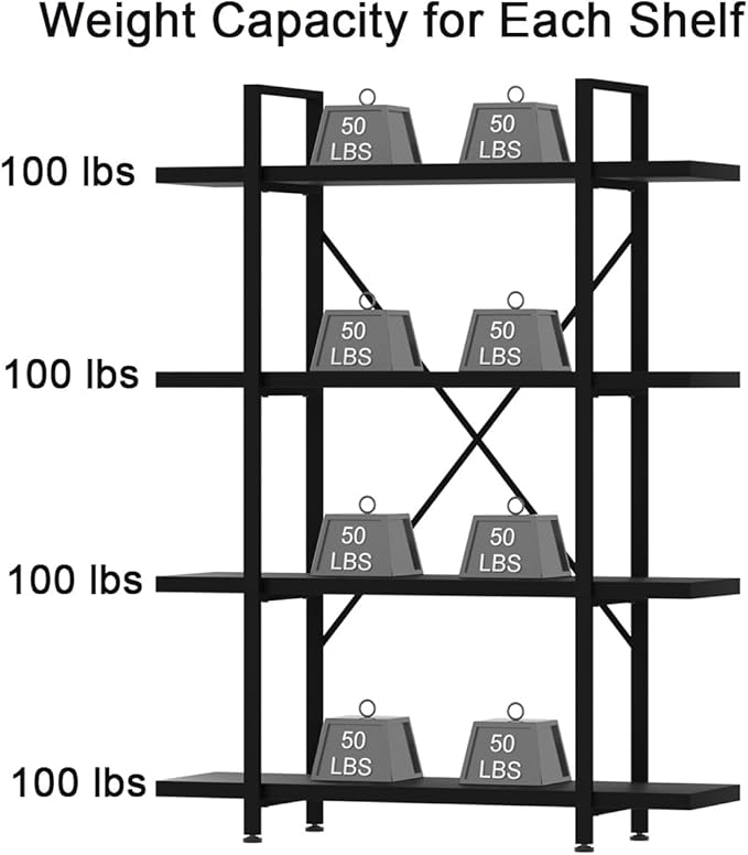 HSH 4 Tier Black Bookshelf, Industrial Metal Wood Storage Book Shelves, Modern Open 4 Shelf Bookcase and Display Etagere, Vertical Book Shelf for Bedroom Living Room Office-DeskLoop Office