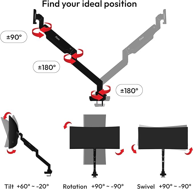 Pixio PS2S Titan Black Ultrawide Mega Heavy-Duty Premium Single Monitor Arm Stand fits up to 57 inch Monitors Holds up to 59.4lbs VESA Compatible Integrated Cable Management-DeskLoop Office