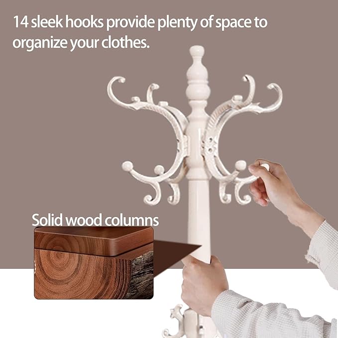 Wooden Coat Racks, Retro 78" Coat Tree with 12 Hooks & Stable Triangular Base, Entryway Coat Rack Freestanding for Hat, Clothes, Scarves, Handbags, Umbrella (Ivory)-DeskLoop Office