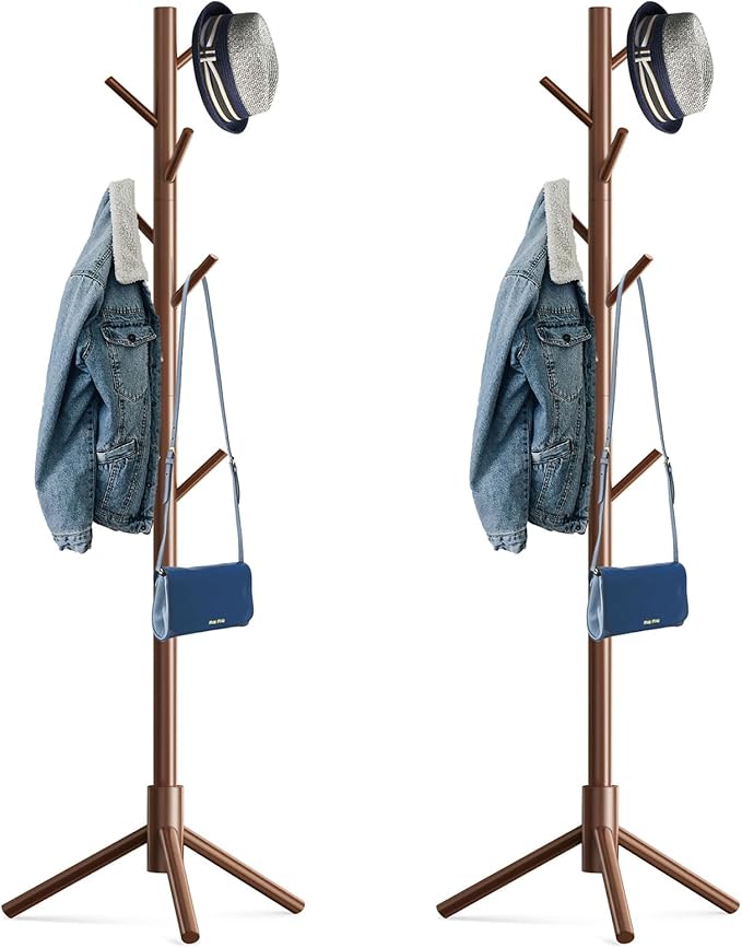 Wooden Tree Coat Rack Stand,Sturdy Freestanding Coat Rack with 8 Hooks,3 Adjustable Height for Child Adult,Wood Coat Stand Tree Fits Entryway Bedroom Office for Bags,Hats, 2 Pack-DeskLoop Office