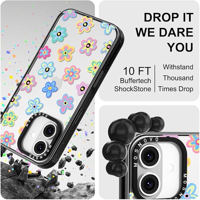 MOSNOVO Case for iPhone 16 Plus, [10ft 4X Military-Grade Drop Protection] Durable & Shockproof Phone Case Cover Design for iPhone 16 Plus - Groovy Flower - Clear Black-DeskLoop Office