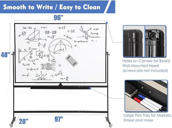 Large Magnetic Mobile Whiteboard 96"x48", Rolling Double Sided Stand Whiteboard on Wheels, Reversible Adjustable Height/Angle Dry Erase Board 8' x 4' Easel White Board for Office Classroom, Black-DeskLoop Office
