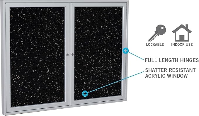 Ghent 36"x60" 2-Door indoor Enclosed Recycled Rubber Bulletin Board, Shatter Resistant, with Lock, Satin Aluminum Frame,Confetti (PA23660TR-CF ) ,Made in the USA-DeskLoop Office
