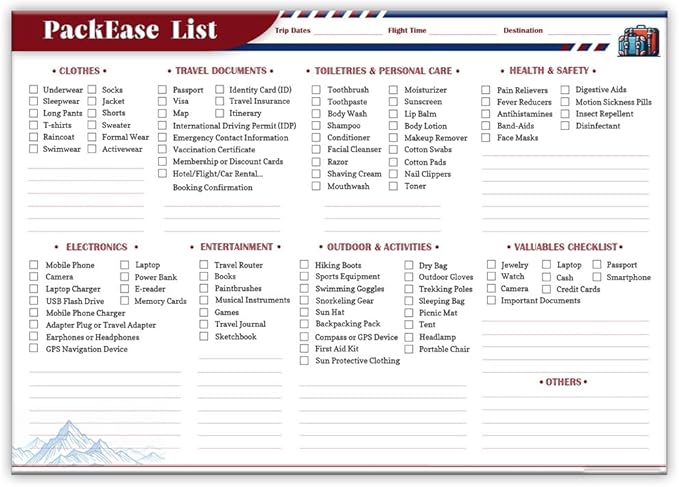 Large Travel Packing list PackEase checklist Essentials Memo Note Pad | A4 Size by lovielf