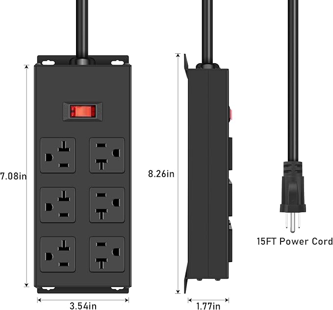 JUNNUJ Heavy Duty 20 Amp Power Strip, Garage 6 Outlets Metal 12 Gauge Surge Protector 3000J, High Amp 5-15P Adapter Shop 6-20R T-Slot Industrial (6AC, 15FT)-DeskLoop Office