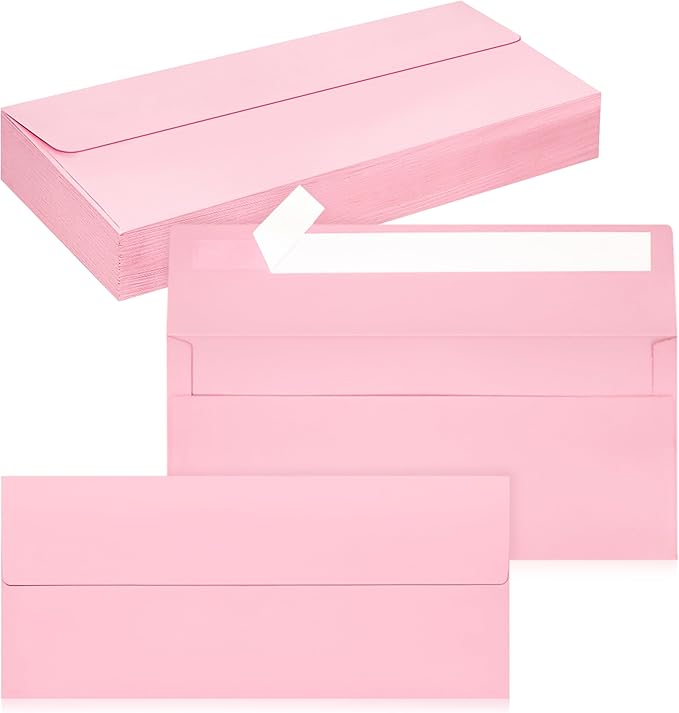 50 Pack #10 Business Envelopes, Self Seal Standard Pink Envelopes by QIKSION