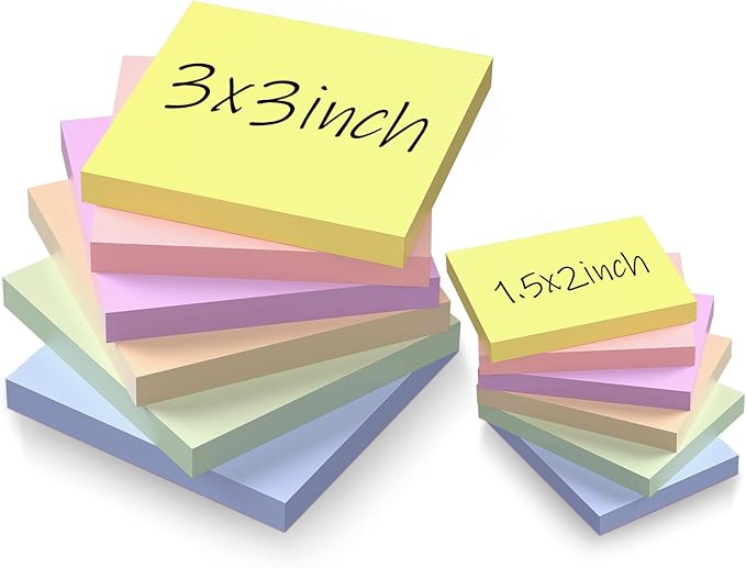 Sticky Notes 3x3in + 2x1.5in Small Sticky Note, 12 Pack 6 Colors Self-Sticky Note Pads | Sticks Strong & Removes Clean | Recycled Paper Cute Sticky Notes to School Supplies, Office Products-DeskLoop Office