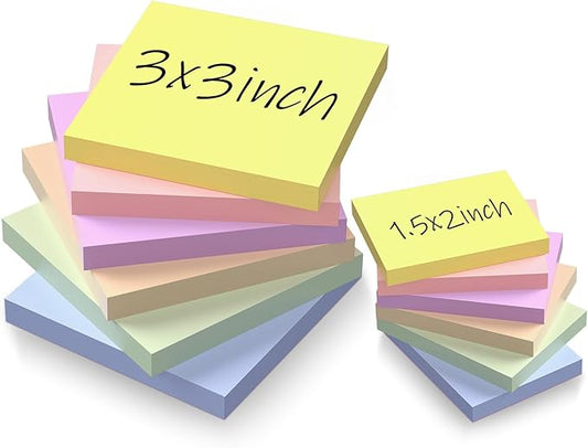 Sticky Notes 3x3in + 2x1.5in Small Sticky Note, 12 Pack 6 Colors Self-Sticky Note Pads | Sticks Strong & Removes Clean | Recycled Paper Cute Sticky Notes to School Supplies, Office Products-DeskLoop Office