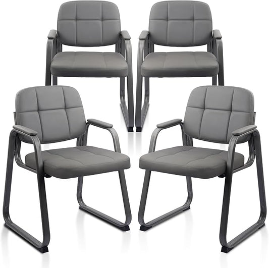 CLATINA Waiting Room Guest Chair with Bonded Leather Padded Arm Rest for Office Reception and Conference Desk Black with Sled Base Grey 4 Pack-DeskLoop Office