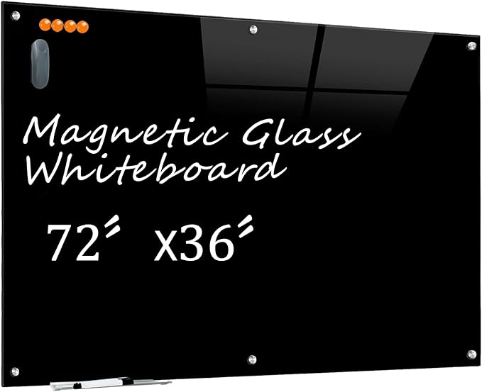 KIZZBY Black Glass Dry Erase Board - Magnetic Blackboard for Wall, 72"x36" Large Frameless Black Whiteboard for Office, Home & School-DeskLoop Office
