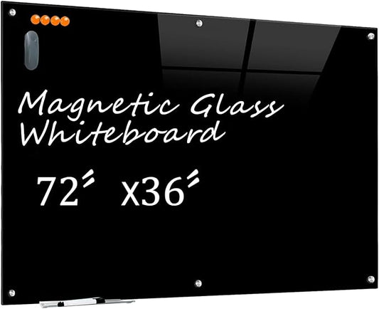 KIZZBY Black Glass Dry Erase Board - Magnetic Blackboard for Wall, 72"x36" Large Frameless Black Whiteboard for Office, Home & School-DeskLoop Office