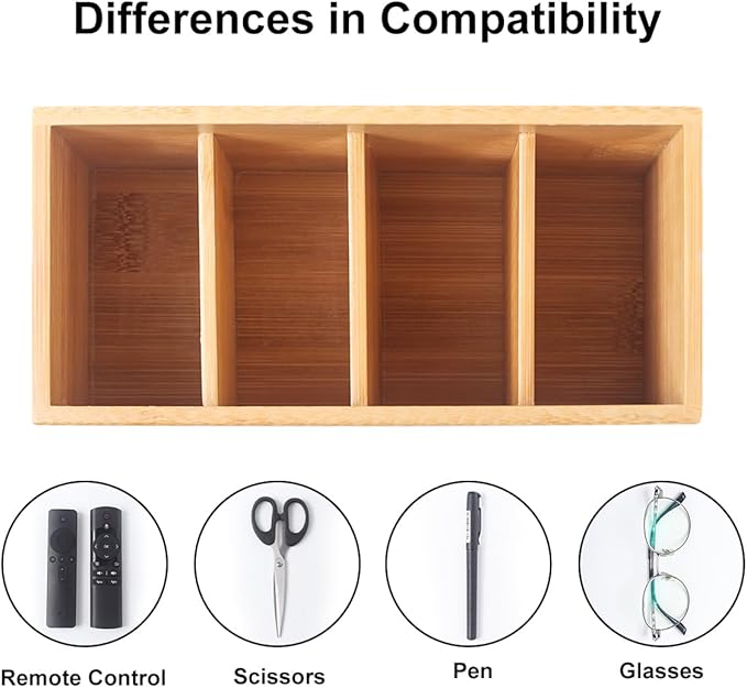Bamboo Wood Pens Pencils Holder Cup for Desk Remote Control Holder, Caddy,Organizer,Desktop Storage with 4 Compartments,Multiuse for Store TV Remotes,Game Console,Phones,Office Supplies (4 Grid)-DeskLoop Office