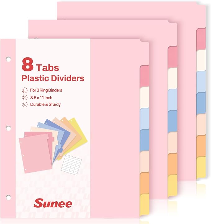 SUNEE 8 Tab Binder Dividers, Plastic Dividers by SUNEE