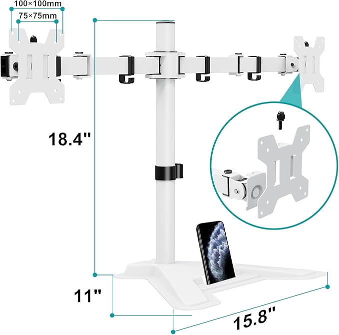 MOUNT PRO Dual Monitor Stand, Free-Standing Full Motion Monitor Desk Mount Fits 2 Screens up to 27 inches,17.6lbs with Height Adjustable, Swivel, Tilt, Rotation, VESA 75x75 100x100,White-DeskLoop Office