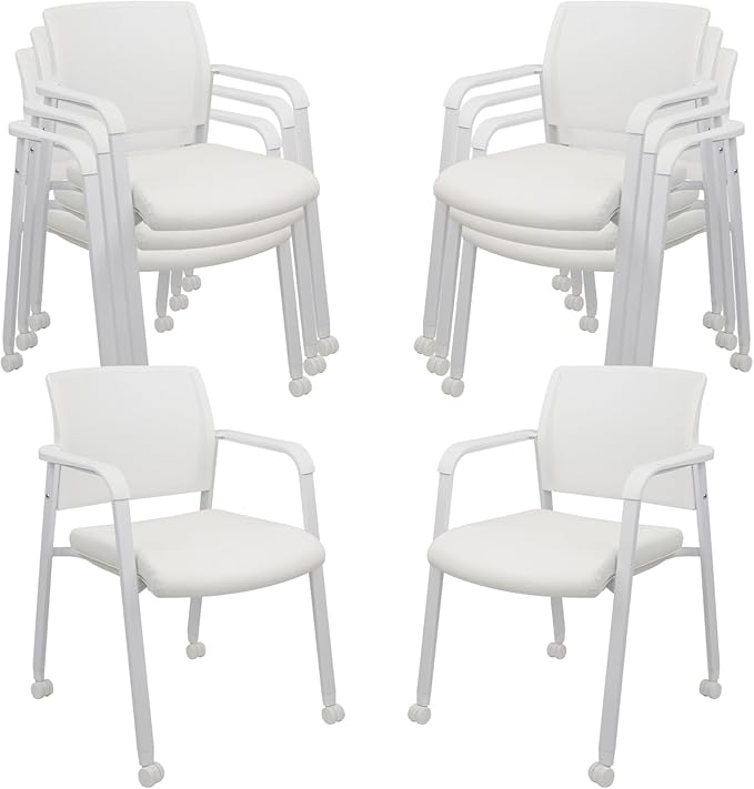 CLATINA Stacking Office Chairs with Wheels | Mesh Back, Thicken Leather Seat and Streamline Armrests, Ergonomic Lumber Support | School, Desk, Guest Reception, Waiting, Conference | Set of 8, White-DeskLoop Office