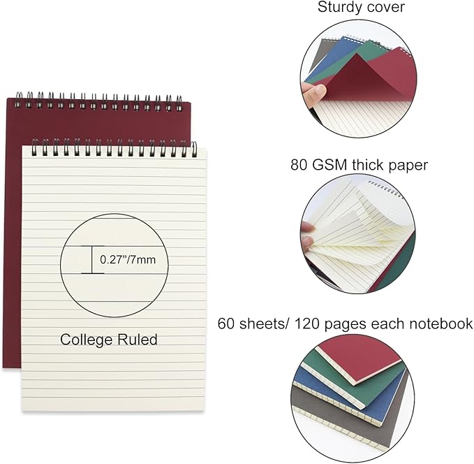 4 Pcs Top Bound Spiral Notebook, 8.3 inch x 5.8 inch, 60 Sheet, 7mm College - Image 3