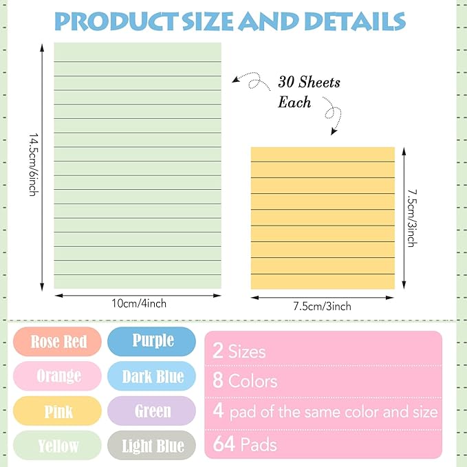 Yexiya 64 Pcs Lined Sticky Notes Self Stick Notes with Lines Bright Assorted Colors Sticky Pad for Home Office Products Post Memos, 1920 Sheets(4 x 6 Inch, 3 x 3 Inch,Fresh Color)-DeskLoop Office