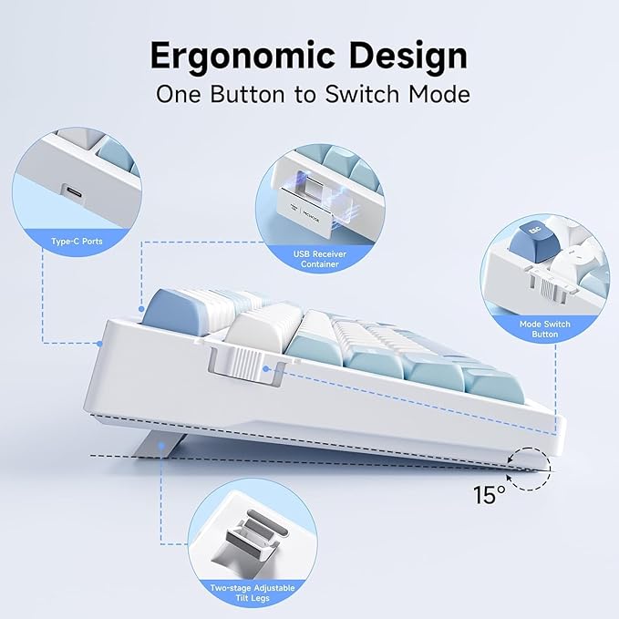 G98 PRO Wireless Gaming Keyboard, Tri-Mode Connection Mechanical Keyboard, Hot Swappable Custom Gasket Structure, Pre-lubed Linear Switches, Double Shot PBT Keycaps, RGB LED Backlit, Blue&White-DeskLoop Office