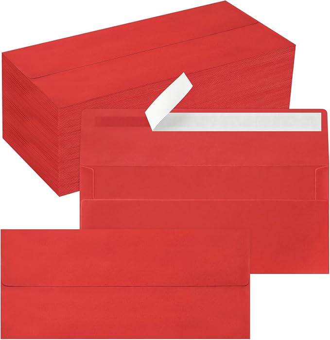 200 Pack #10 Business Envelopes, Self Seal Standard Christmas Red Envelopes by QIKSION