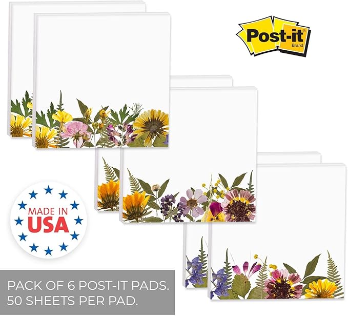 Wildflower Sticky Note Pads / 3" x 3" Botanical Sticky Notes/Set of 6 Pads / 50 Sheets Per Pad/Three Unique Designs/Made in The USA-DeskLoop Office