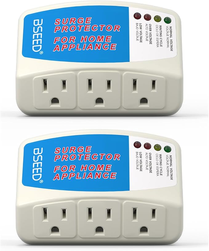 BSEED Home Appliance Surge Protector, Surge Protector for Refrigerator Wall Mount Three Plugs with Protection Low/High Voltage Protector Brownout Outlet Plug in 125V, 1875W, 2 Pack-DeskLoop Office