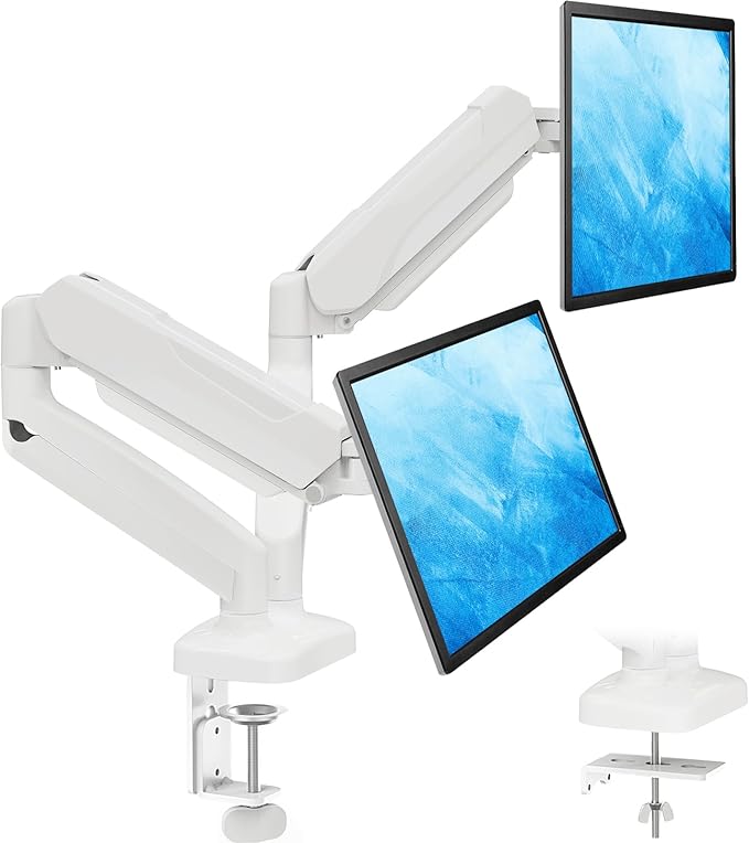 MOUNTUP Dual Monitor Stand for Desk, Pneumatic Monitor Arms for 2 Monitors Max 32 Inches, Height Adjustable Double Monitor Mount, VESA Mounts with C-Clamp & Grommet Base, Holds 4.4-17.6lbs, White-DeskLoop Office