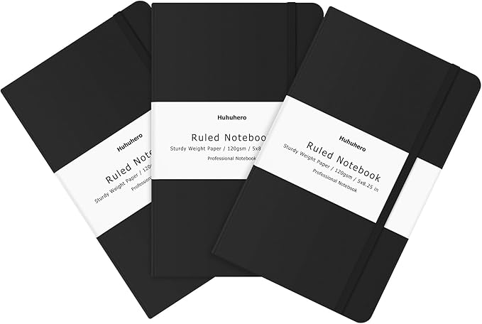 Huhuhero Lined Notebook Journal, 120Gsm Thick Paper College Ruled Journal, Hardcover Notebooks for Work School Note Taking, Office School Supplies 5"×8.25" (3, Black)-DeskLoop Office