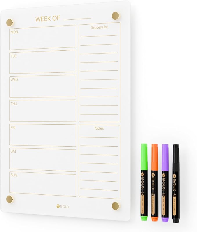 Glass Golden Weekly Dry Erase Calendar & Menu Whiteboard by Yeoux