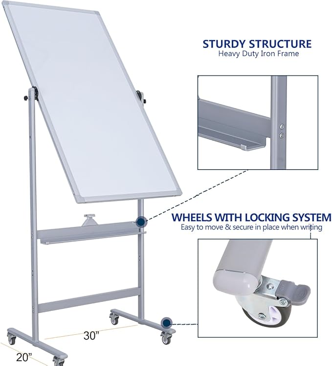 40" x 28" Double-Sided Mobile Whiteboard with Wheels | Rolling Magnetic Dry Erase Board on Stand | Adjustable Height Silver Frame White Board for Office, Classroom & Home-DeskLoop Office