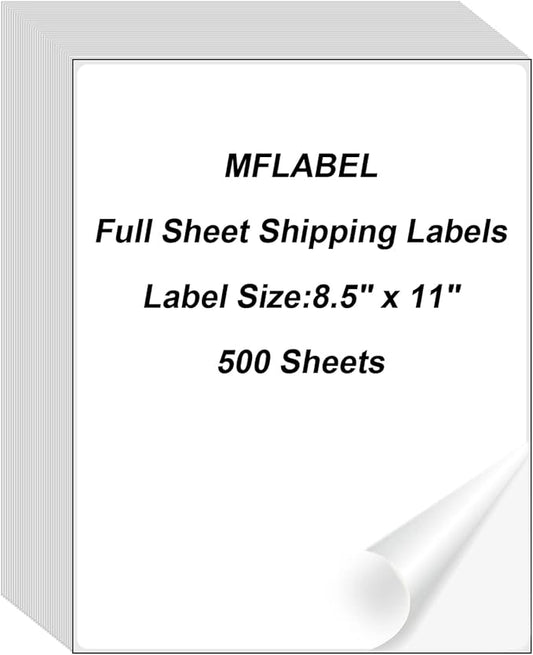 MFLABEL Full Sheet Shipping Labels 8.5x11 Inch - Matte White Permanent Adhesive Paper for Laser & Inkjet Printers (500 Sheets) - No Cut Needed Address Labels + Free 48 Fragile Stickers