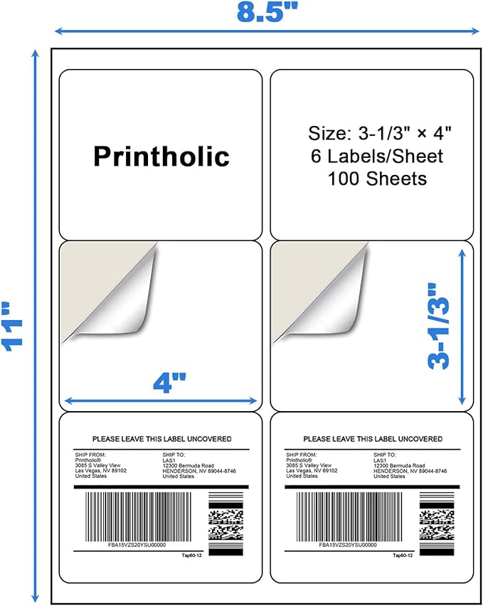 600 6 Per Sheet Label Address Labels 3-1/3" x 4" Self Adhesive Sheets Shipping Labels Easy Peel & Feed White Stickers for Laser & Inkjet Printers (100 Sheets, 600 Labels)-DeskLoop Office