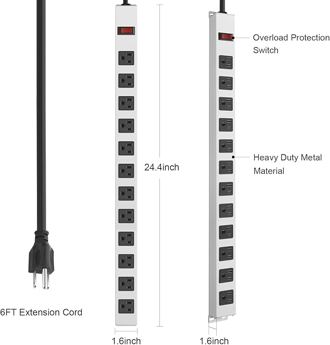 JUNNUJ Metal 12 Outlet Power Strip, Mountable Heavy Duty Power Strip, 1200J Surge Protector Wall Mount Screws Outlet with Switch, Gaming Desk Strips Wide Spaced 15A 125V 1875W, 6 FT 14AWG Power Cord-DeskLoop Office