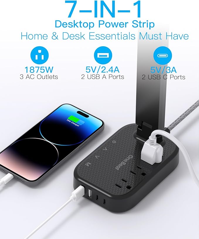 Power Strip with LED Desk Lamp, 10 Ft Extension Cord with 3 Outlets 4 USB Ports(2 USBC), 4 Modes 5 Level Touch Lamp Small Desk Lamps for Home Office College Dorm Room, Study Reading Light - BK-DeskLoop Office