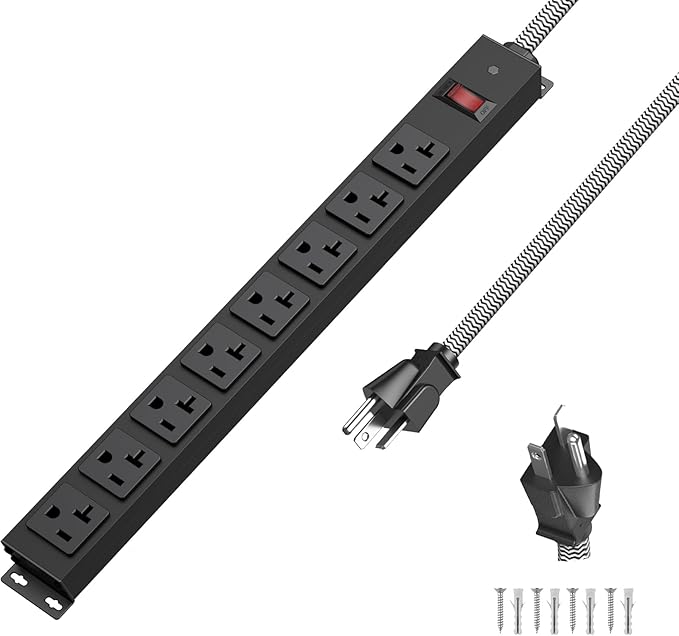 20 Amp Power Strip Heavy Duty, 12 Gauge Extension Cord for Appliance Workbench Garage Industrial, Metal 8 Outlets Combine with T-Plug Adapter 5-20R T-Slot, 1200J Surge Protector-DeskLoop Office