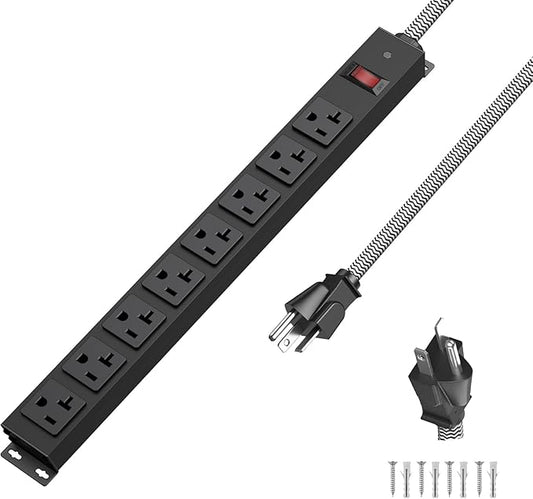 20 Amp Power Strip Heavy Duty, 12 Gauge Extension Cord for Appliance Workbench Garage Industrial, Metal 8 Outlets Combine with T-Plug Adapter 5-20R T-Slot, 1200J Surge Protector-DeskLoop Office
