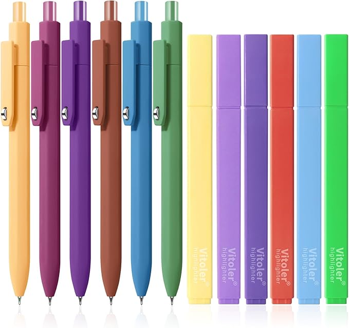 Piochoo Highlighters and Pens Set, 6 Pack Highlighters Assorted Colors and 6 by Piochoo